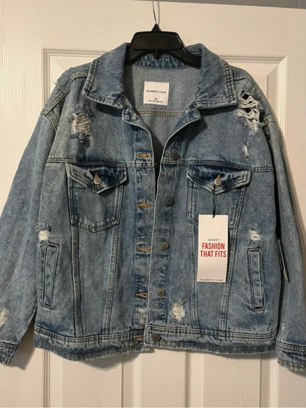 Celebrity Pink Light Blue Distressed Denim Jacket NWT